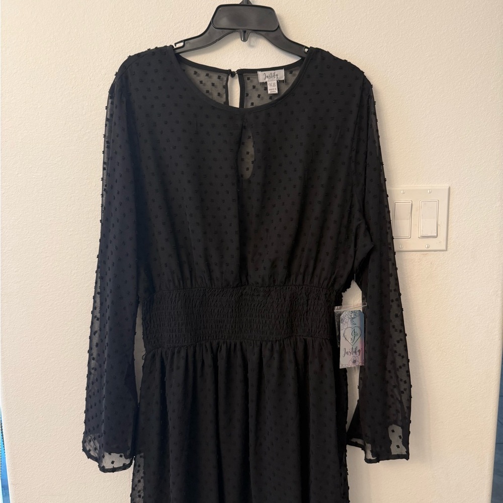 Justify Black Pleated Bishop Sleeve Cocktail Dress